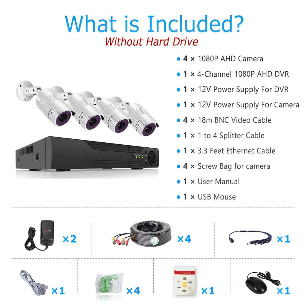 2MP 1080P Full HD Day/Night AHD Camera 4CH DVR Kit H.265 Weatherproof