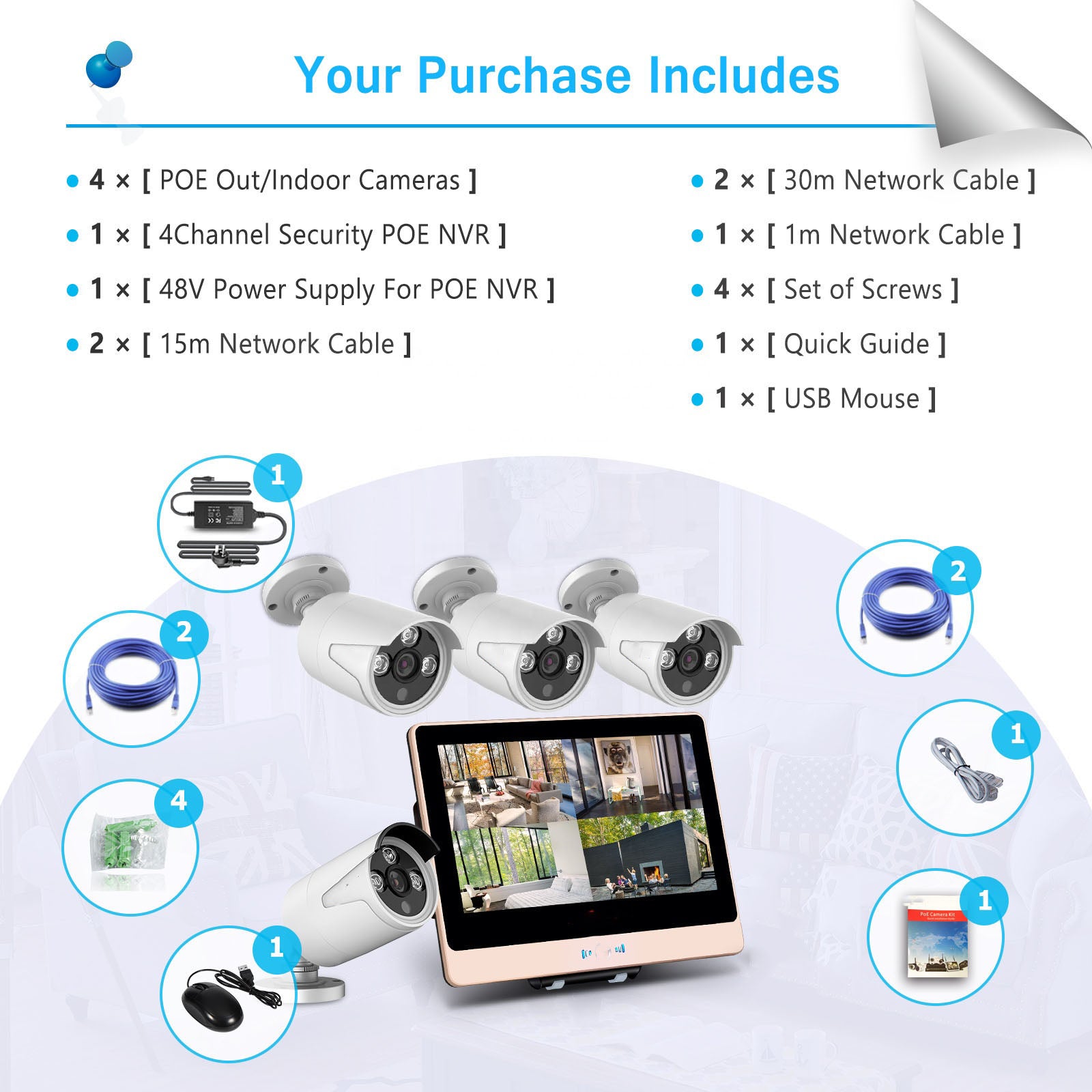 2MP 1080P Full HD Day/Night PoE Camera 4CH 12 inch LCD NVR Kit H.265 Weatherproof