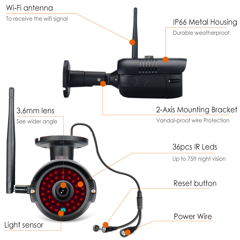 2MP 1080P Full HD Day/Night Wireless IP Camera 4CH NVR Kit H.265 Weatherproof