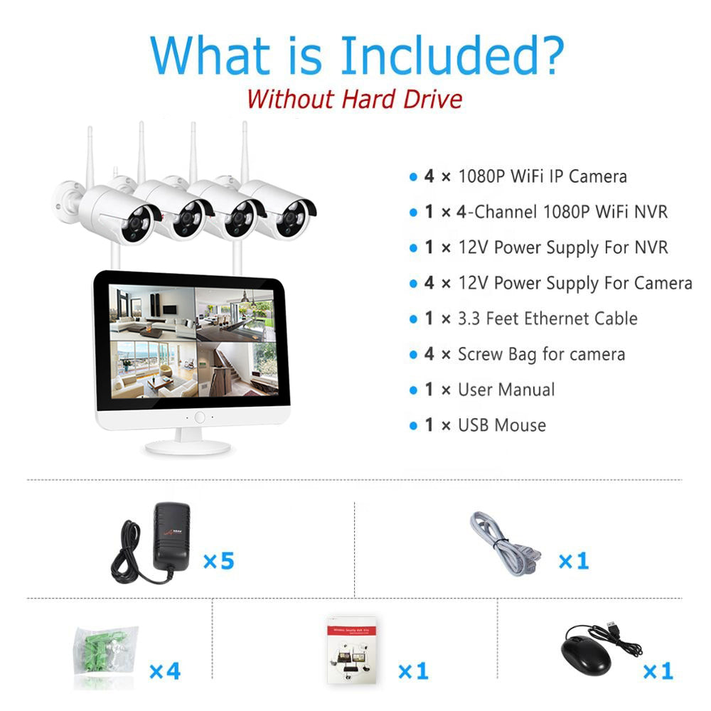 2MP 1080P Full HD Day/Night Wireless Camera 4CH 12 Inch LCD NVR Kit H.265 Weatherproof