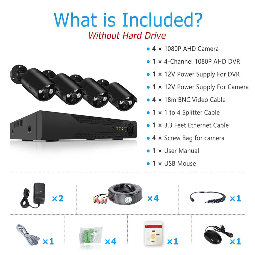 2MP 1080P Full HD Day/Night AHD Camera 4CH DVR Kit H.265 Weatherproof