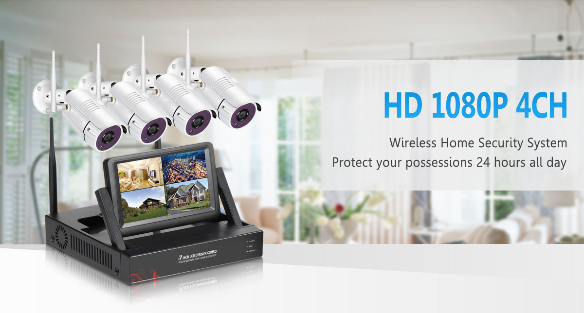 2MP 1080P Full HD Day/Night Wireless IP Camera NVR Kit H.265 IP66 with 7 inch LCD