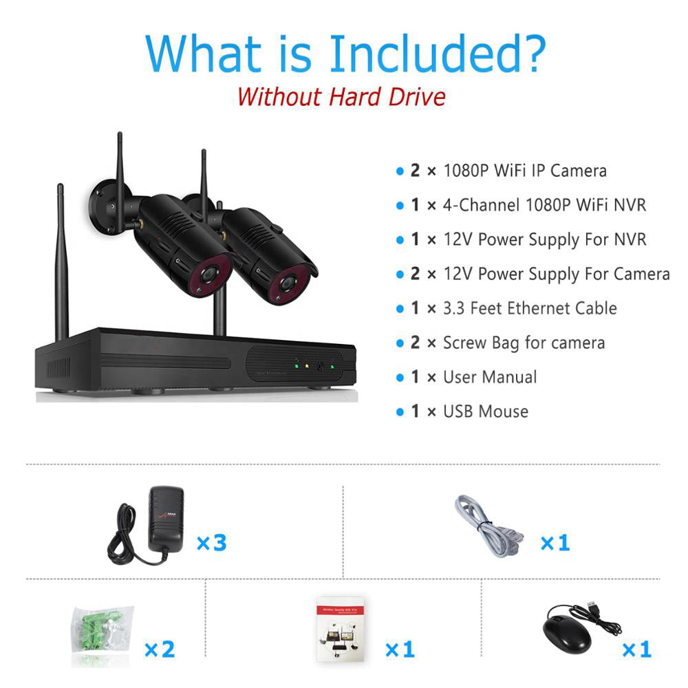 2MP 1080P Full HD Day/Night Wireless IP Camera 2CH NVR Kit H.265 Weatherproof