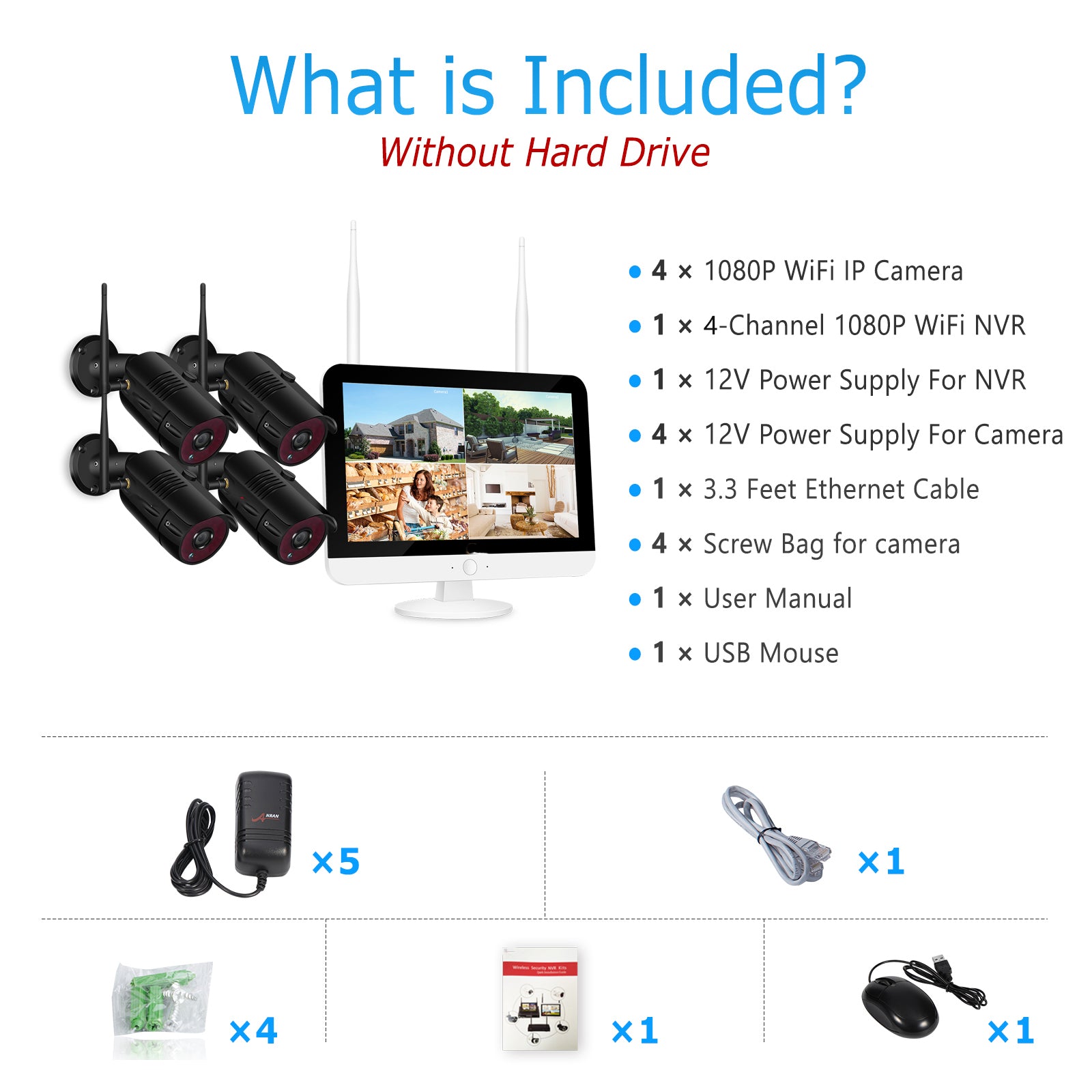2MP 1080P Full HD Day/Night Wireless Camera 4CH 12 inch LCD NVR Kit H.265 Weatherproof