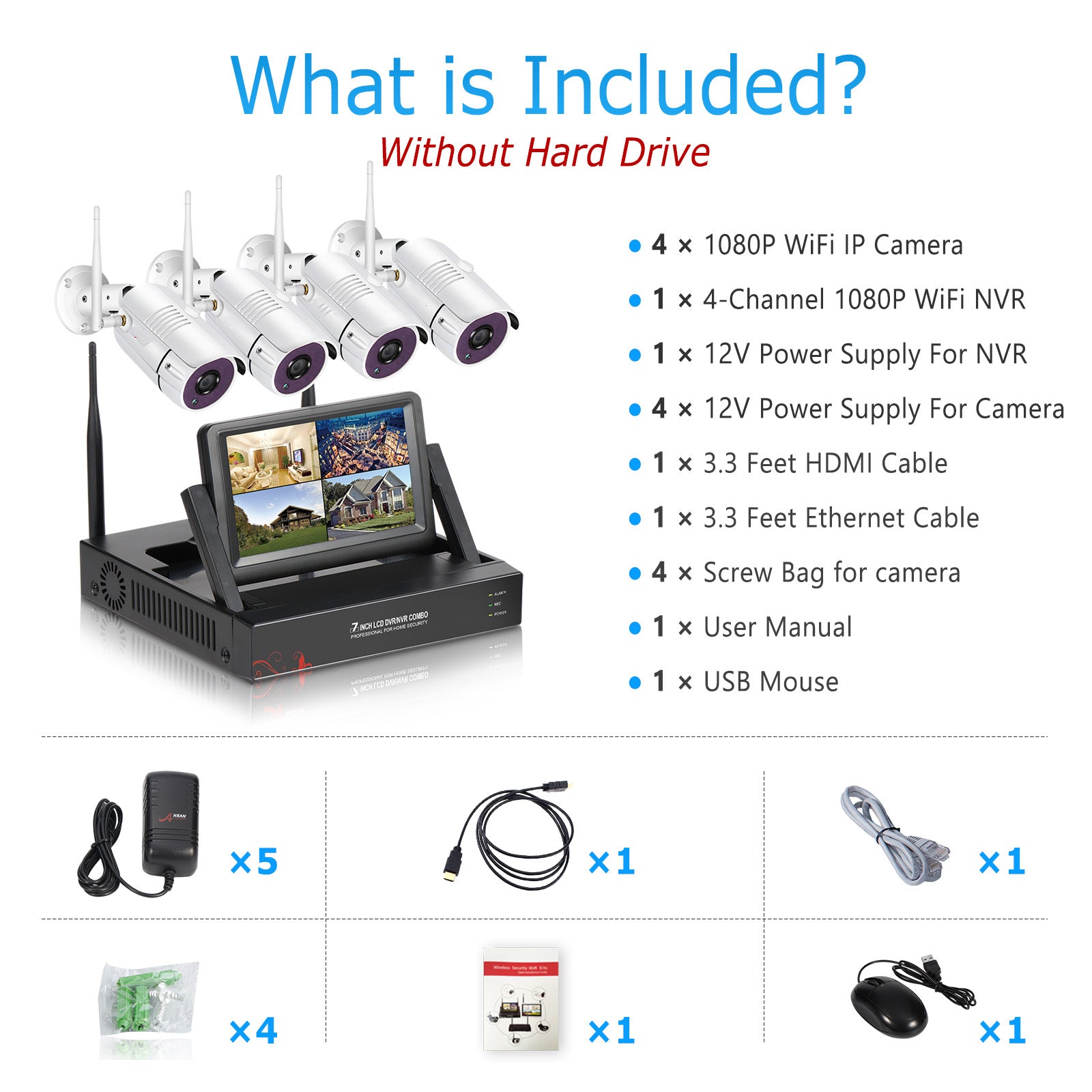 2MP 1080P Full HD Day/Night Wireless IP Camera NVR Kit H.265 IP66 with 7 inch LCD