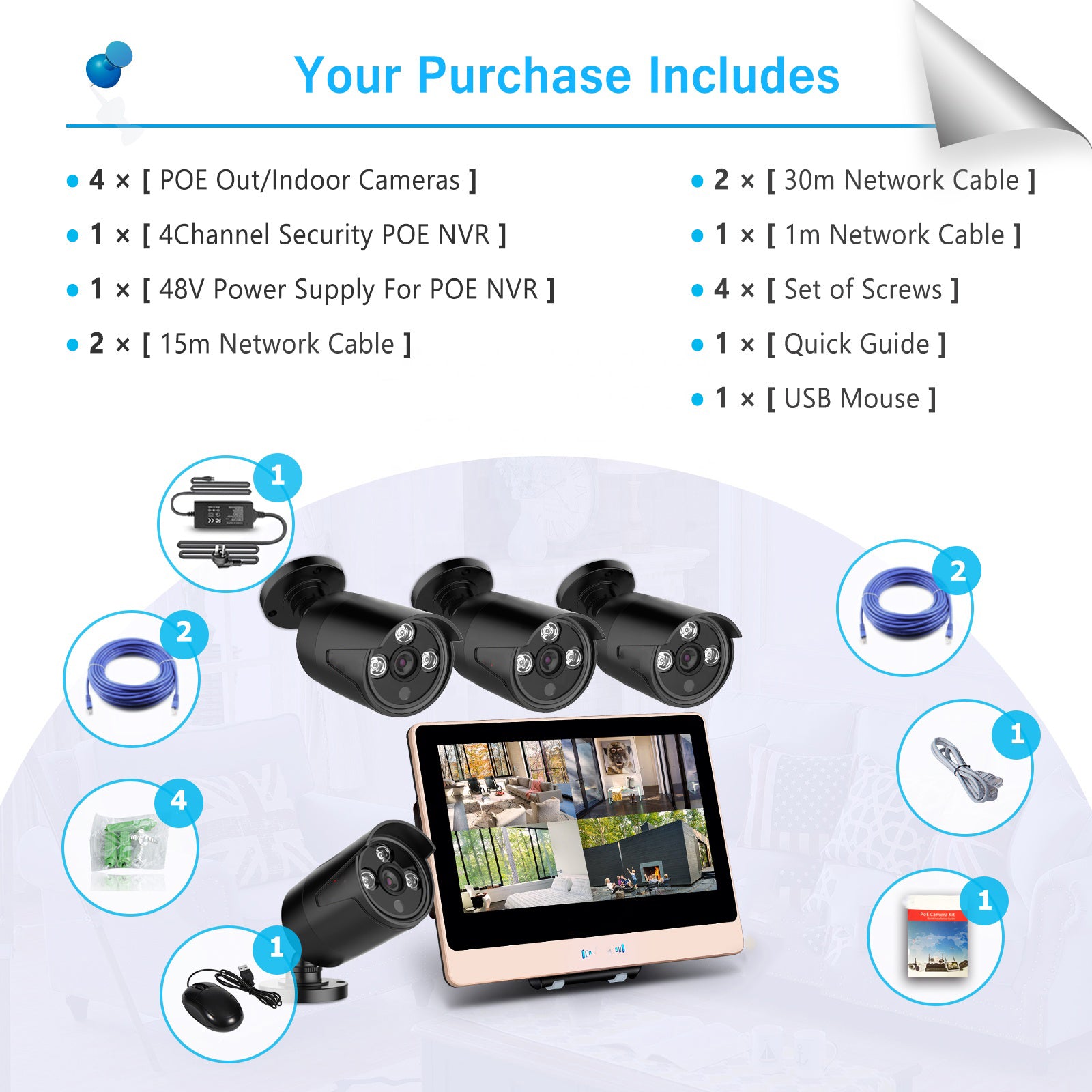 2MP 1080P Full HD Day/Night PoE Camera 4CH 12 inch LCD NVR Kit H.265 Weatherproof