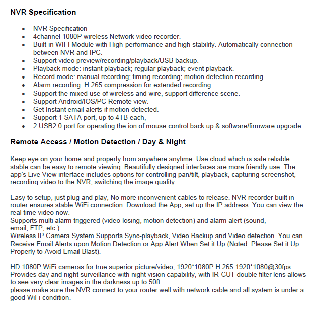 2MP 1080P Full HD Day/Night Wireless IP Camera 4CH NVR Kit H.265 Weatherproof