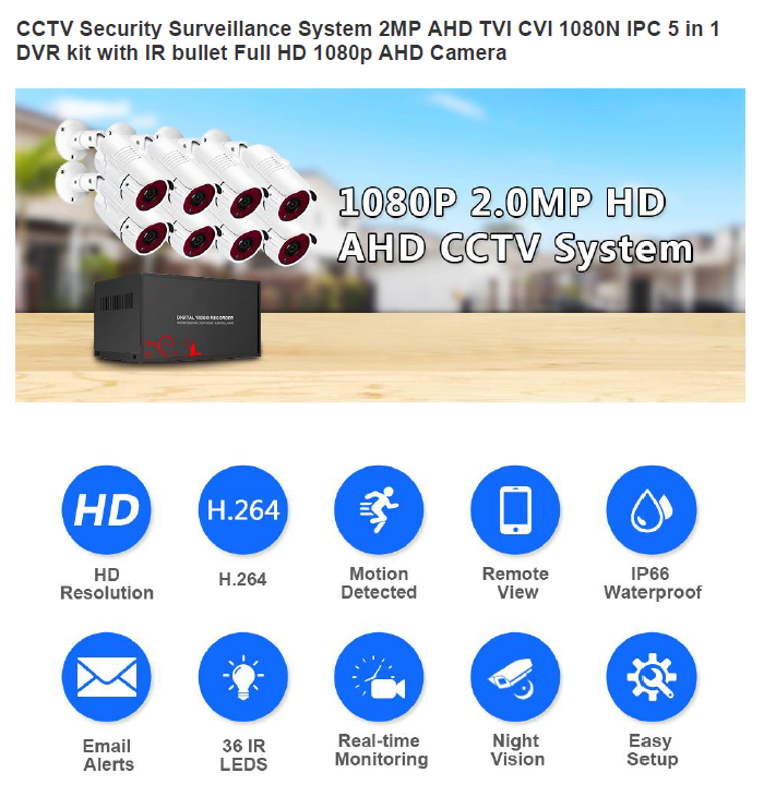 2MP 1080P Full HD Day/Night AHD Camera 8CH DVR Kit H.265 Weatherproof