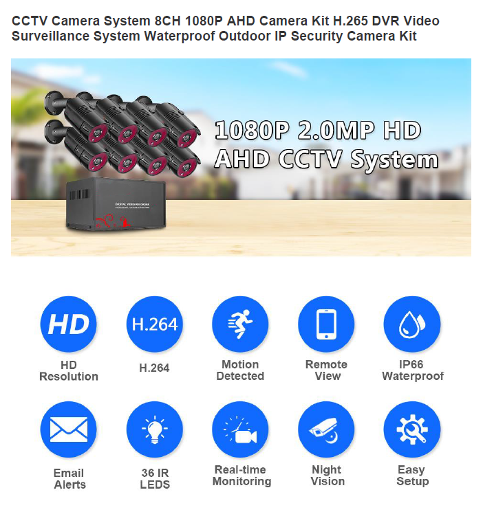 2MP 1080P Full HD Day/Night AHD Camera 8CH DVR Kit H.265 Weatherproof