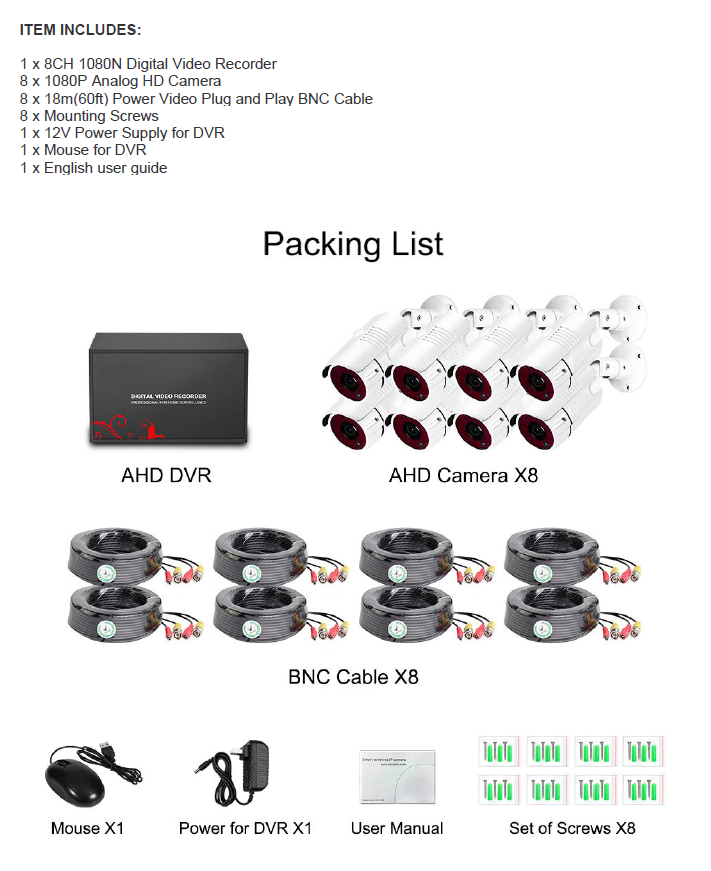 2MP 1080P Full HD Day/Night AHD Camera 8CH DVR Kit H.265 Weatherproof