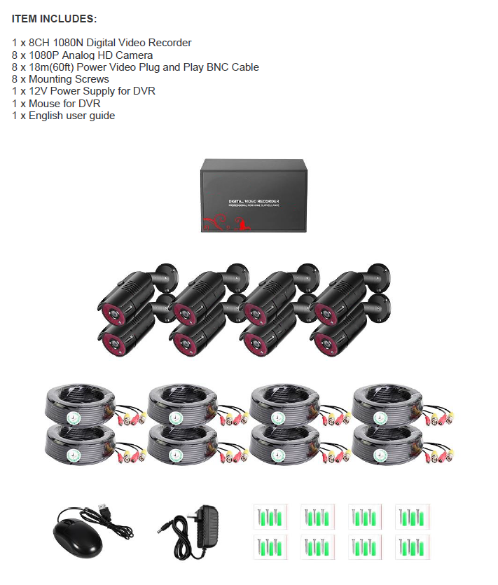 2MP 1080P Full HD Day/Night AHD Camera 8CH DVR Kit H.265 Weatherproof