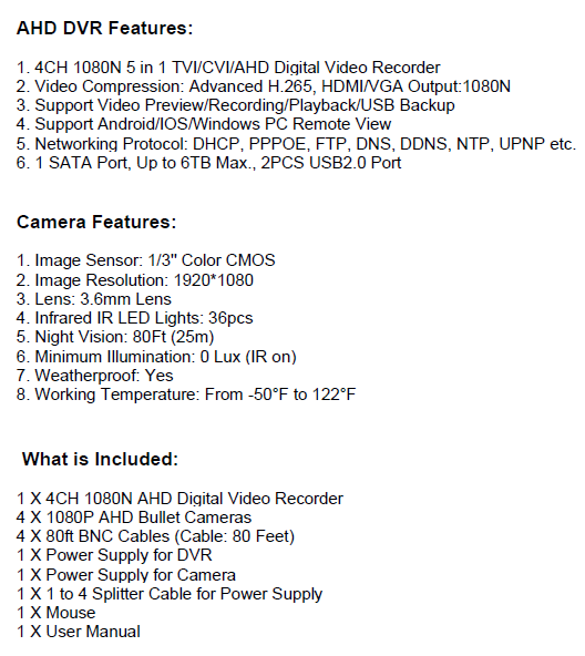 2MP 1080P Full HD Day/Night AHD Camera 4CH DVR Kit H.265 Weatherproof