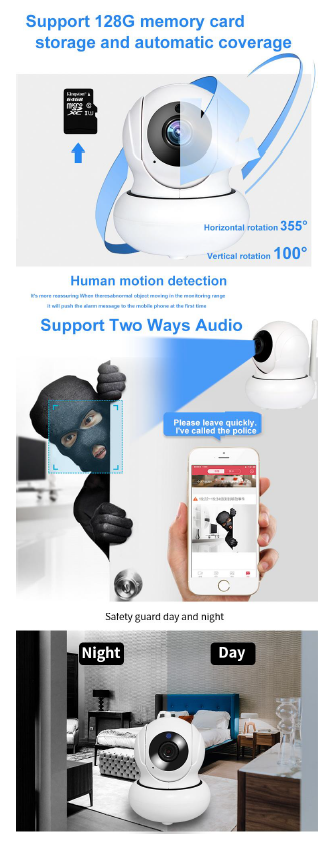 PTZ 720P Full HD Wireless 360 Degree Day/Night Indoor Camera