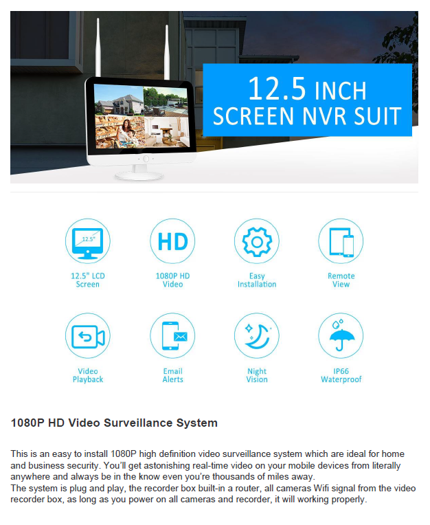 2MP 1080P Full HD Day/Night Wireless Camera 4CH 12 Inch LCD NVR Kit H.265 Weatherproof