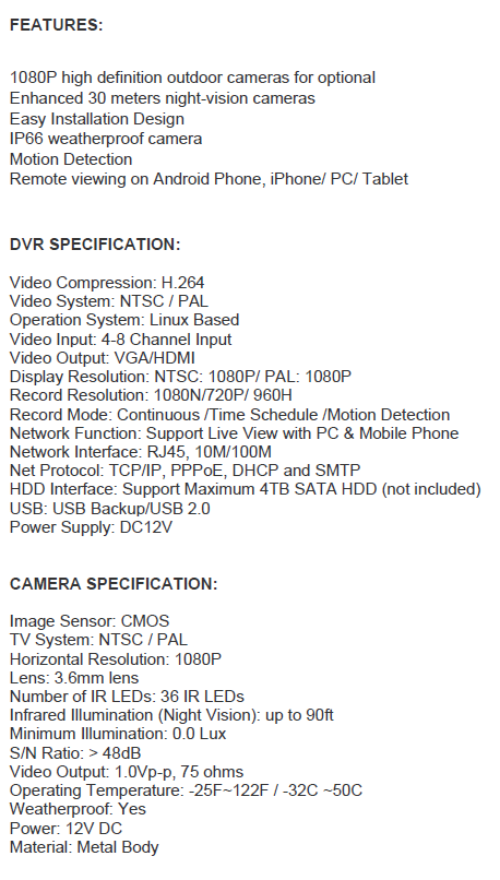 2MP 1080P Full HD Day/Night AHD Camera 4CH DVR Kit H.265 Weatherproof