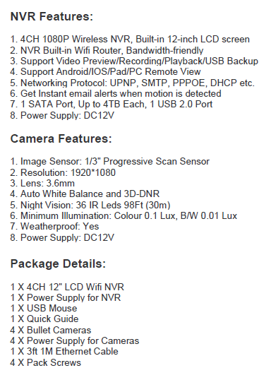 2MP 1080P Full HD Day/Night Wireless Camera 4CH 12 inch LCD NVR Kit H.265 Weatherproof