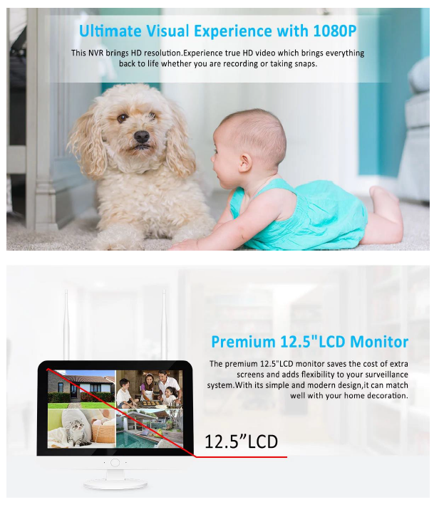 2MP 1080P Full HD Day/Night Wireless Camera 4CH 12 inch LCD NVR Kit H.265 Weatherproof