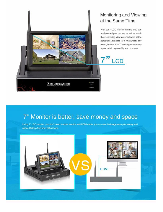 2MP 1080P Full HD Day/Night Wireless IP Camera NVR Kit H.265 IP66 with 7 inch LCD