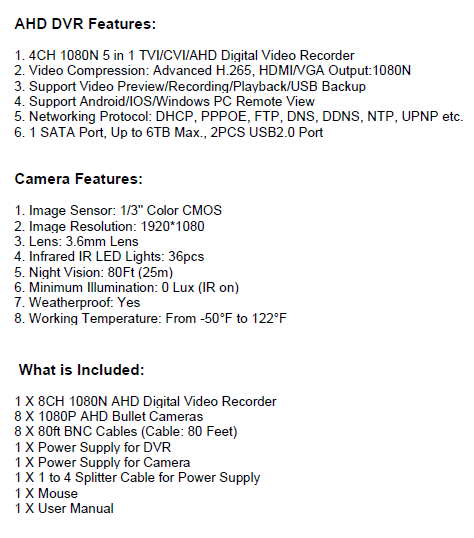 2MP 1080P Full HD Day/Night AHD Camera 8CH DVR Kit H.265 Weatherproof