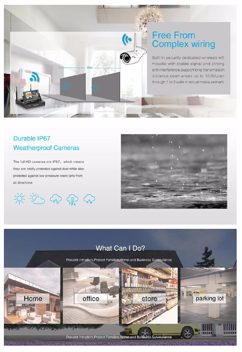 2MP 1080P Full HD Day/Night Wireless IP Camera NVR Kit H.265 IP66 with 7 inch LCD