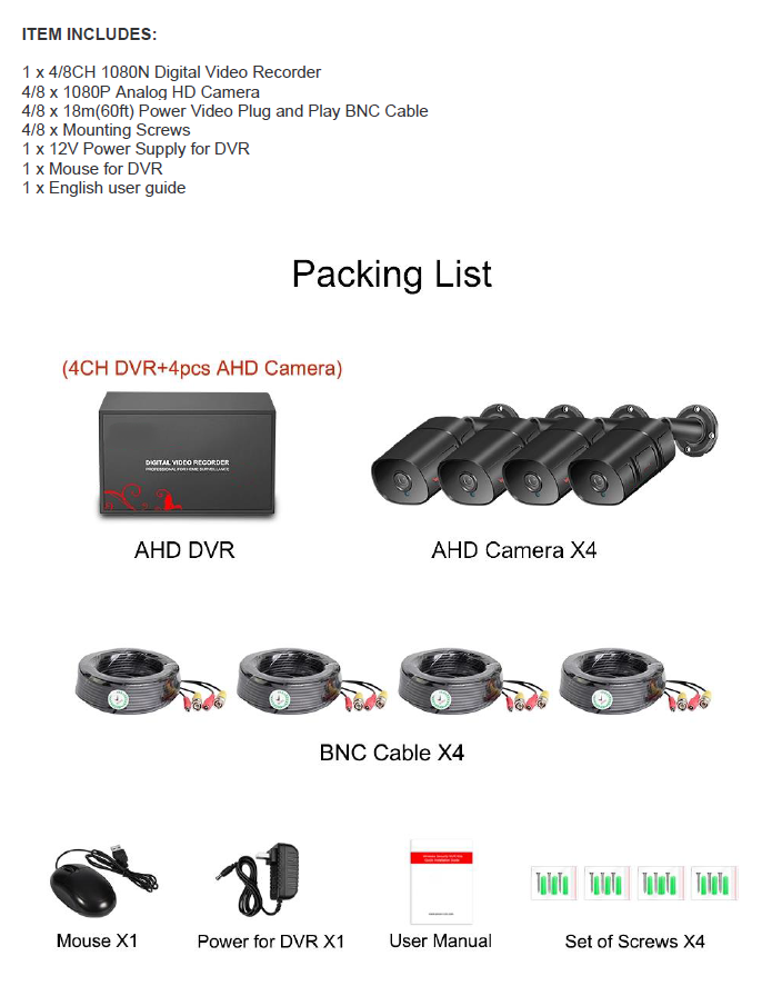 2MP 1080P Full HD Day/Night AHD Camera 4CH DVR Kit H.265 Weatherproof