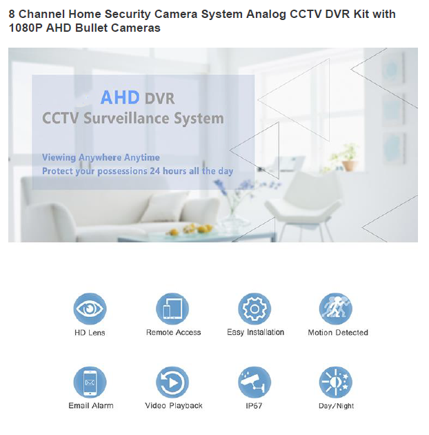 2MP 1080P Full HD Day/Night AHD Camera 8CH DVR Kit H.265 Weatherproof