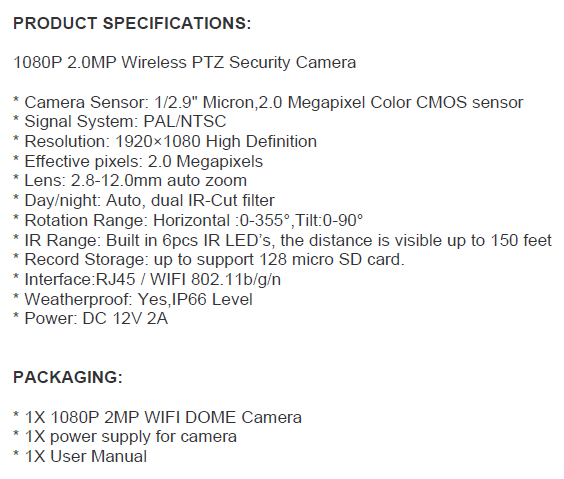 PTZ 1080P 2MP 4X Full HD Wireless Dome Camera Outdoor