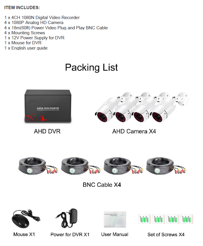 2MP 1080P Full HD Day/Night AHD Camera 4CH DVR Kit H.265 Weatherproof