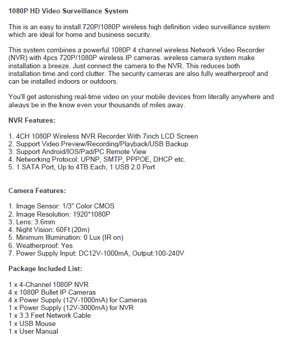 2MP 1080P Full HD Day/Night Wireless IP Camera NVR Kit H.265 IP66 with 7 inch LCD