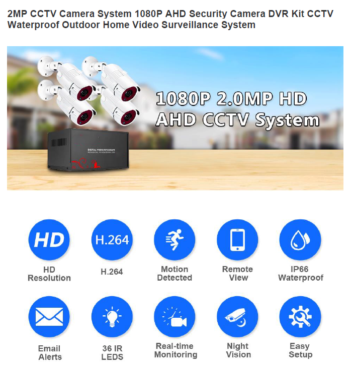 2MP 1080P Full HD Day/Night AHD Camera 4CH DVR Kit H.265 Weatherproof