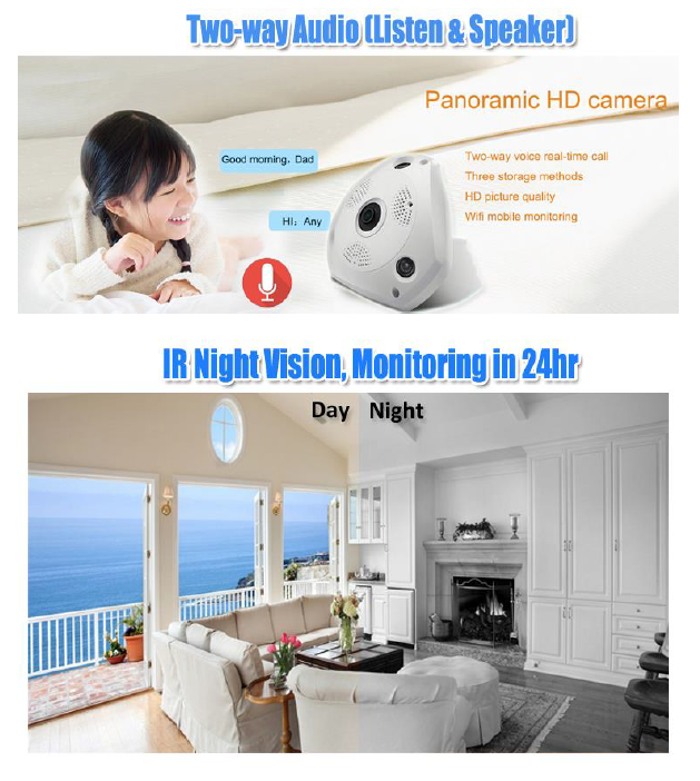 PTZ Fisheye Full HD Panoramic Wireless 360 Degree Day/Night Indoor Camera