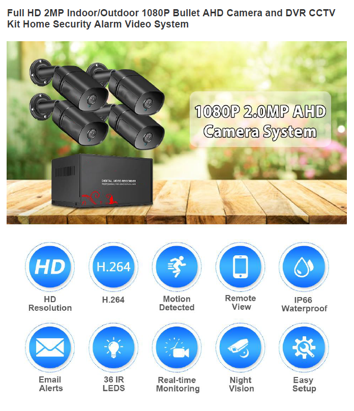 2MP 1080P Full HD Day/Night AHD Camera 4CH DVR Kit H.265 Weatherproof