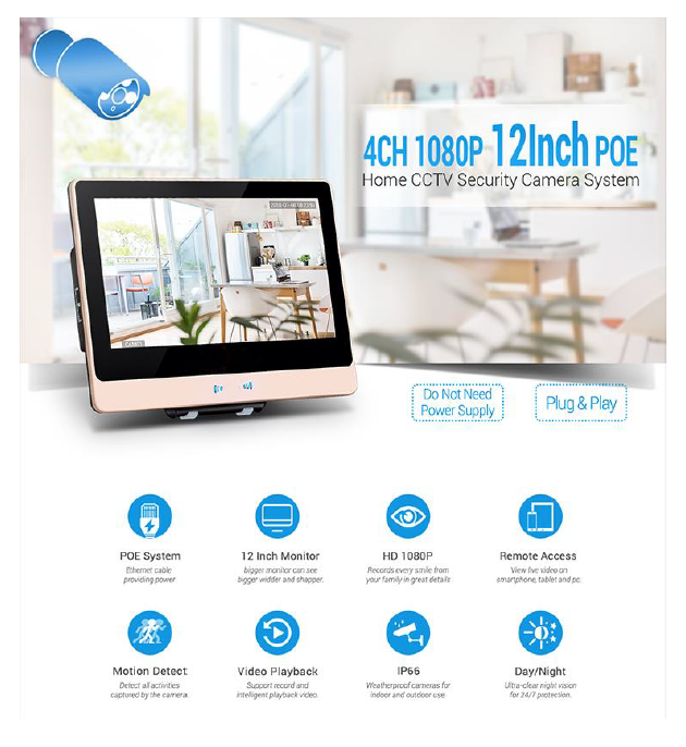 2MP 1080P Full HD Day/Night PoE Camera 4CH 12 inch LCD NVR Kit H.265 Weatherproof