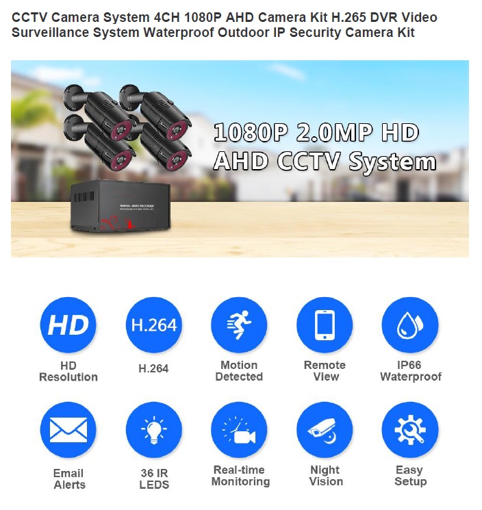 2MP 1080P Full HD Day/Night AHD Camera 4CH DVR Kit H.265 Weatherproof