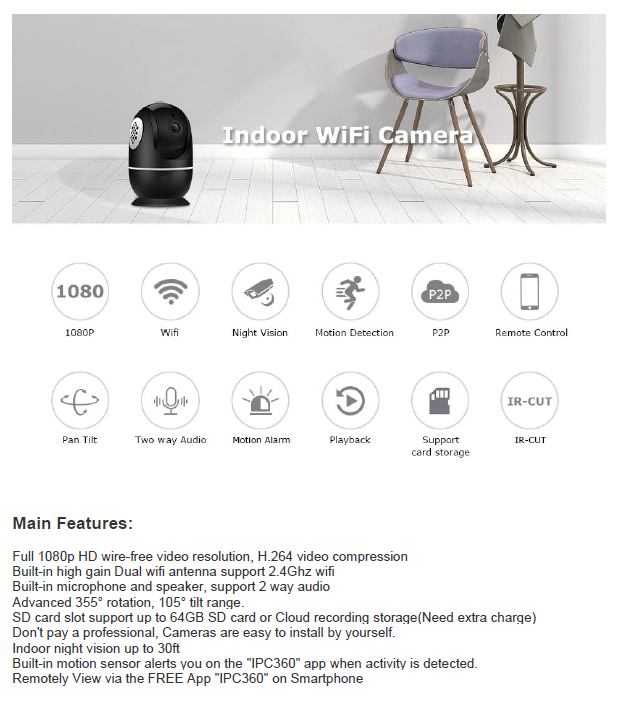 PTZ 1080P 2MP Full HD Wireless 360 Degree Day/Night Indoor Camera