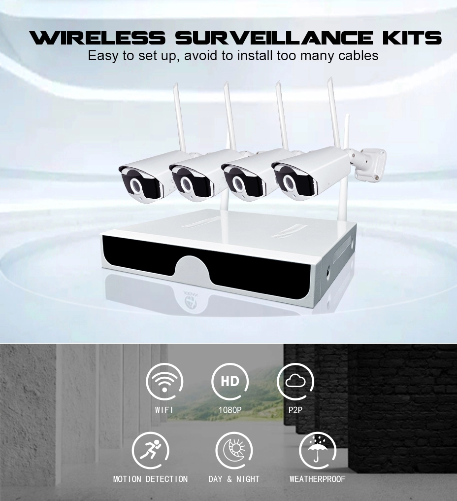 2MP 1080P Full HD Day/Night Wireless IP Camera 4CH NVR Kit H.265 Weatherproof