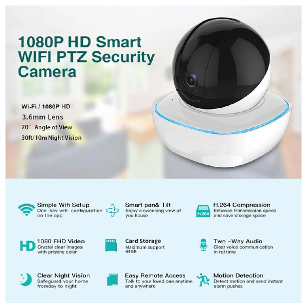 PTZ 1080P 2MP Full HD Wireless 360 Degree Day/Night Indoor Camera